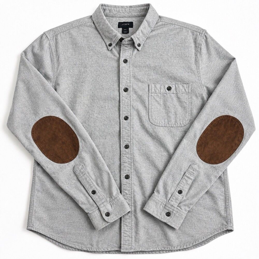 J.Crew Men's Gray Cotton Flannel Chamois Shirt Elbow Patch Long Sleeve 2XL